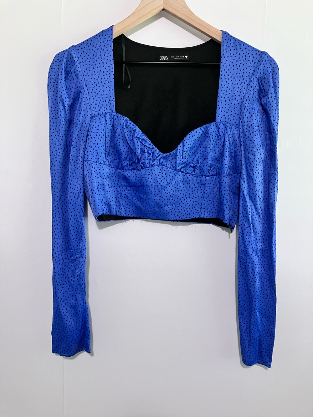 Zara Cropped Long Sleeve Blue Polka Dot Top Size Small